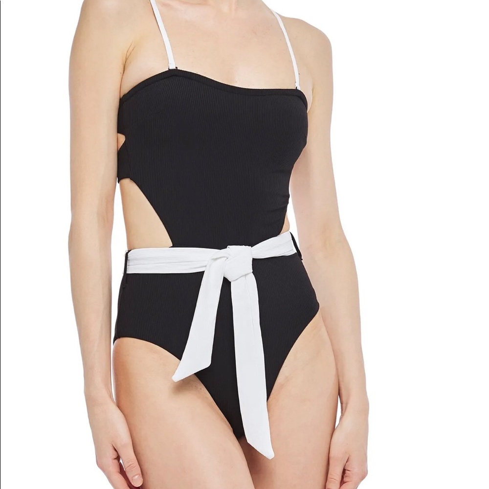 ONIA
Rumi belted cutout two-tone ribbed swimsuit